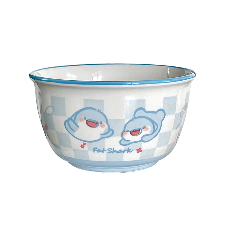肥肥鲨happy陶瓷ins家用可爱少女釉下彩饭碗高颜值餐具 肥肥鲨 蓝色 4.5英寸碗【1碗1勺】
