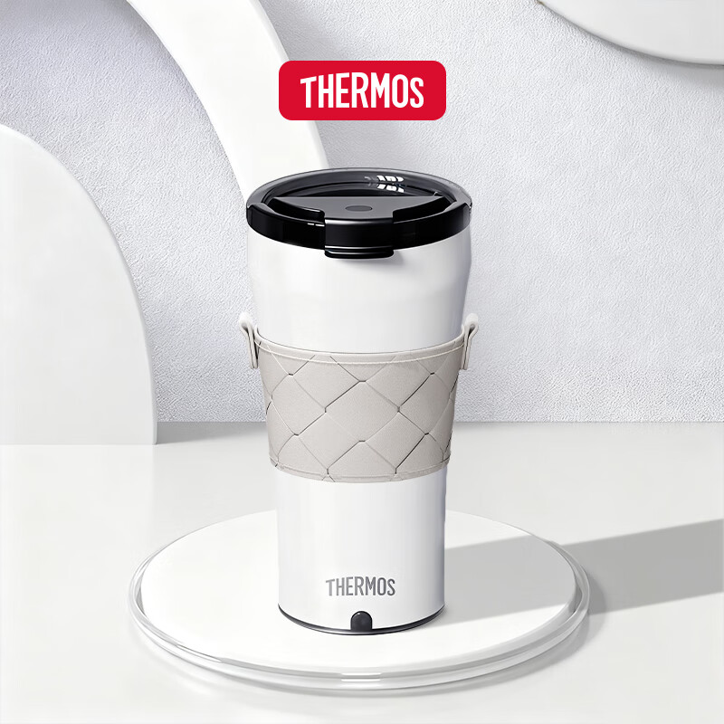 膳魔师（THERMOS）便携电动搅拌杯咖啡杯新款陶瓷涂层车载办公室保温杯高颜值水杯子 膳魔师-晨光白【陶瓷层内胆400ml】+灰色杯套