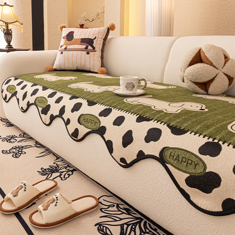 无印良品雪尼尔沙发垫四季通用2025新款卡通固定防滑防猫抓异形沙发座垫子 萌动-抹茶牛奶 【耐抓不起球 加密硅胶底防滑】 90*90cm （加大加宽扶手/靠背）