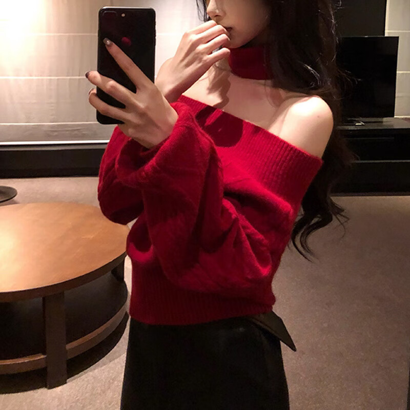 by onion 秋冬可外穿一字肩红色毛衣女慵懒高级感内搭羊毛针织衫 米白色 L