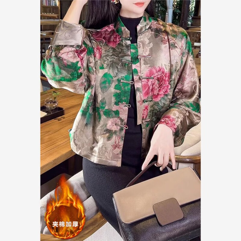 正咖秋冬缎面棉服女新中式装高端提花短外套加棉加厚国风对襟盘扣棉衣