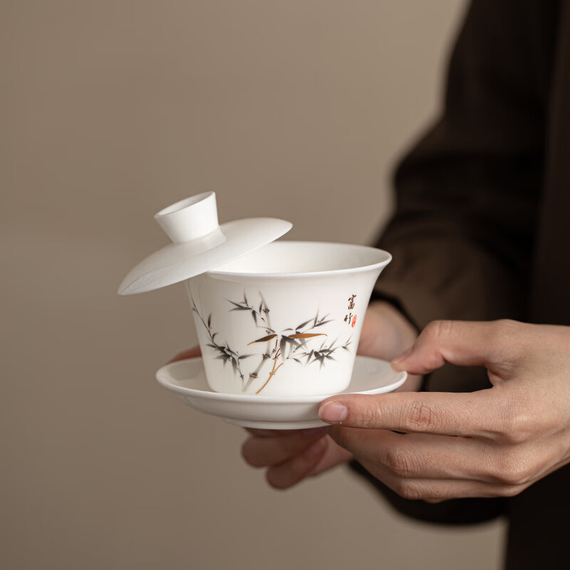 苏氏陶瓷羊脂玉瓷竹韵茶具套装三才盖碗泡茶壶功夫茶杯大套装礼盒平价茶具