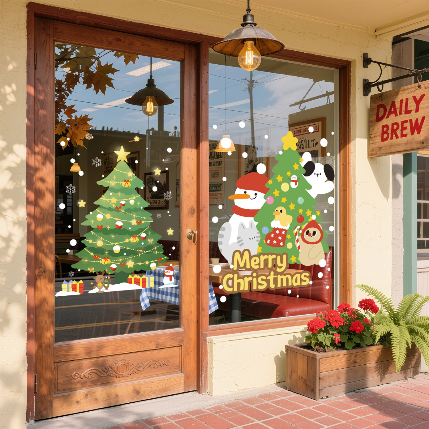 赛瓦凯圣诞节装饰品玻璃贴纸圣诞老人树店铺氛围静电贴画场景布置橱窗贴 缤纷圣诞树【静电免胶/双面同色】 28cm×35cm【小号】