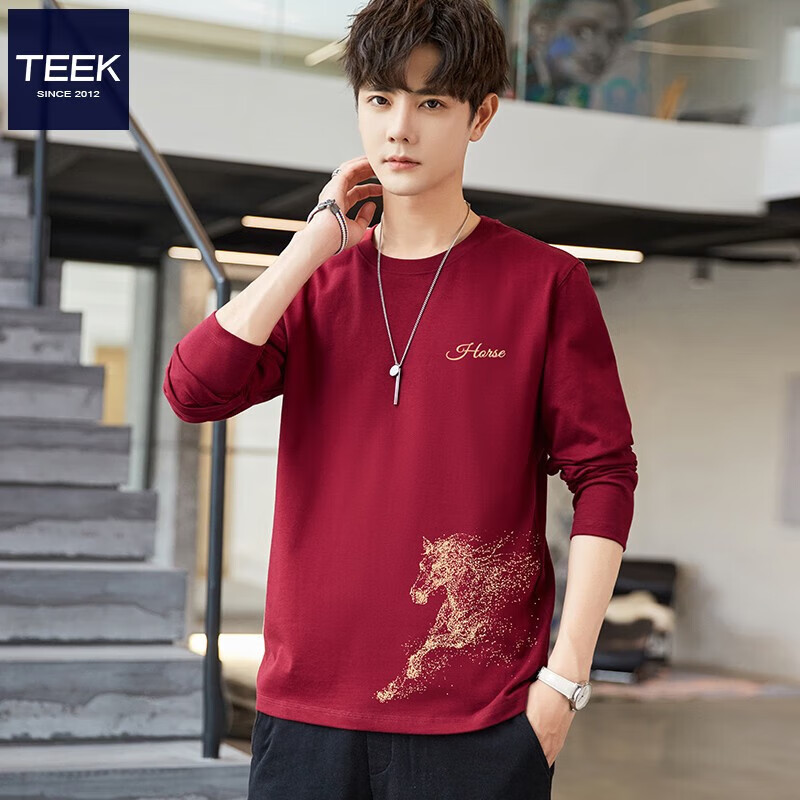 TEEK马年本命年衣服纯棉男士长袖T恤 2026新年国潮风骏马贺岁拜年上衣 HC2933酒红色 3XL