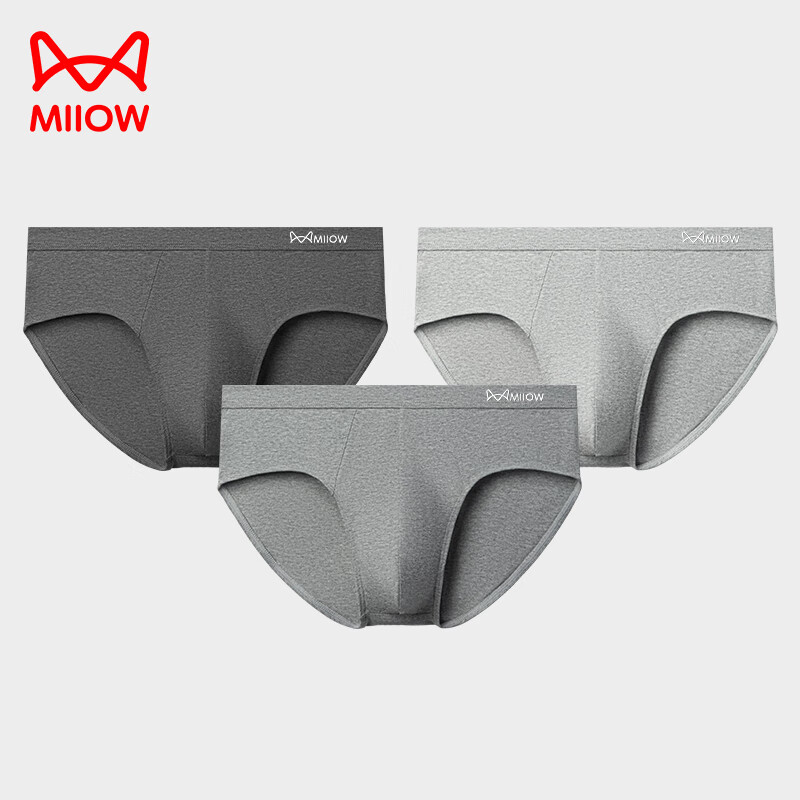 猫人（MiiOW）男士内裤男三角内裤男士内裤纯棉抗菌男式内裤 深麻灰+浅白灰+浅麻灰 3条 XL (推荐110-130斤)