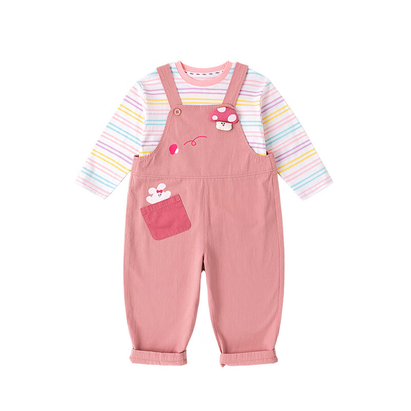 嘟嘟家宝宝套装春季男童T恤背带裤两件套春款女童上衣裤子儿童衣服童装 奶油白 90