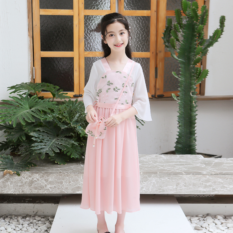 九虞氏女童汉服连衣裙襦裙儿童汉服童装夏季中国风中大童唐装公主裙 杏色 中款长度 130 (适合113-122cm)