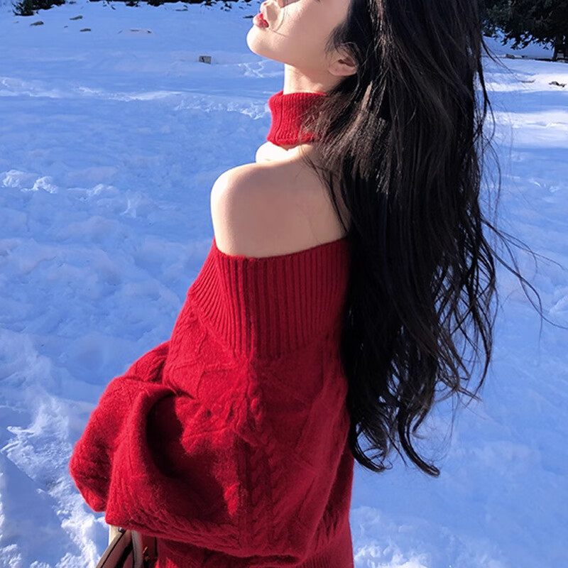 by onion 秋冬可外穿一字肩红色毛衣女慵懒高级感内搭羊毛针织衫 米白色 L