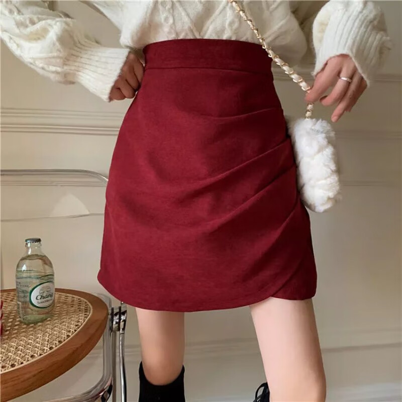 熊迪明不规则毛呢短裙女秋冬高腰a字半身裙春款女装新款红色包臀裙