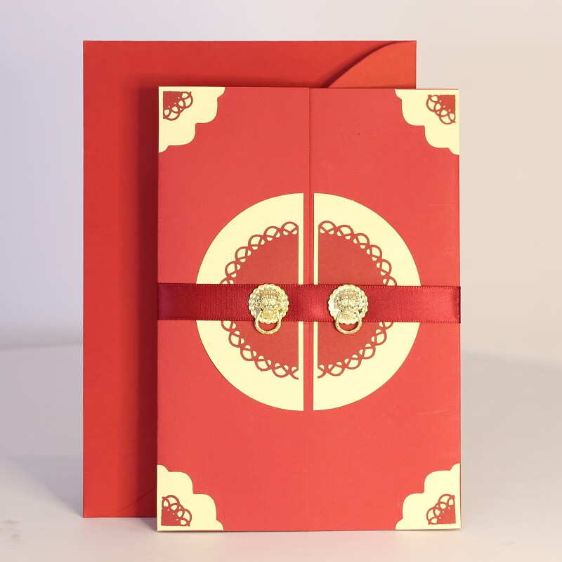 礼物生日退休定制高级感谢送老人师创意手工 醒狮拉环中式贺卡 红色