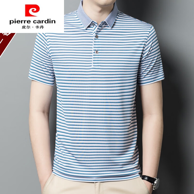 皮尔卡丹100%桑蚕丝短袖男t恤小条纹高档品牌商务休闲翻领中年真丝