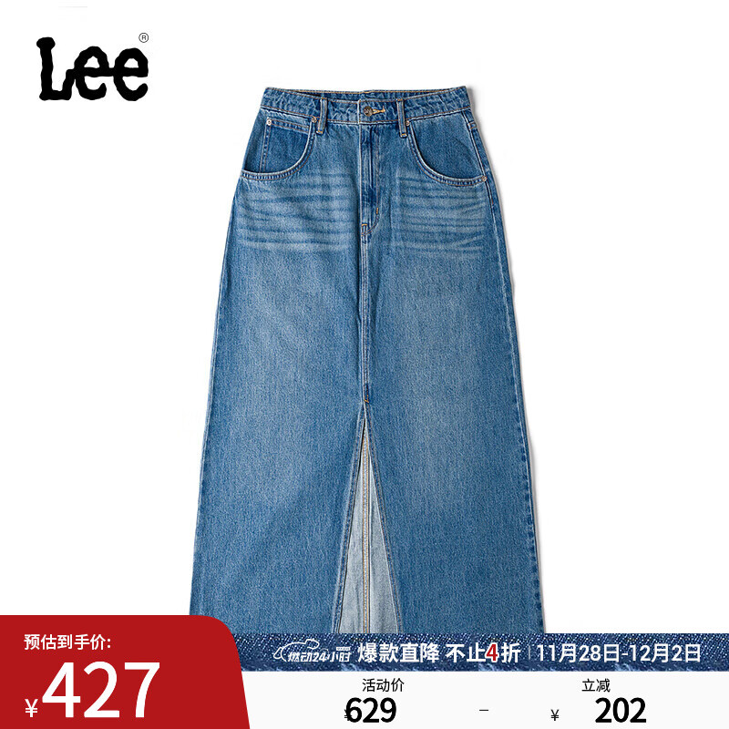 Lee商场同款25新舒适版经典五袋款正面开叉设计中浅蓝女牛仔半裙 中浅蓝色 S