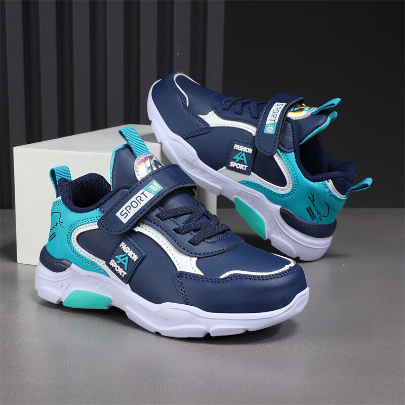 贝天熊（BeiTianXiong）男女童鞋2025秋冬款加绒儿童运动鞋轻便鞋子学生魔术贴时尚跑步鞋 1910深蓝【革面无绒】 28 内长17.8/脚16.8