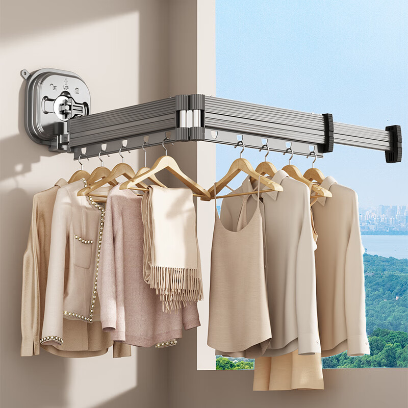 尔思家阳台晾晒神器隐形晾衣架折叠晾衣吸盘伸缩杆免打孔飘窗折叠晾晒架 枪灰加厚款【防风2段】升级强力吸盘款