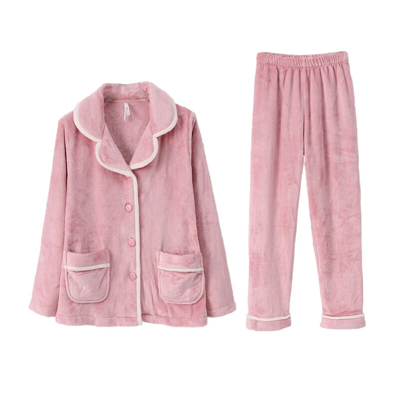 安之伴睡衣女秋冬保暖法兰绒加绒加厚休闲开衫宽松女士家居服套装可外穿 豆沙 L
