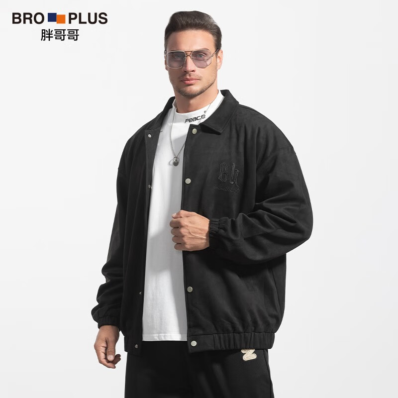 季宽松胖子麂皮绒刺绣夹克男加肥加大肥佬上衣 黑色 3xl【170-190斤】