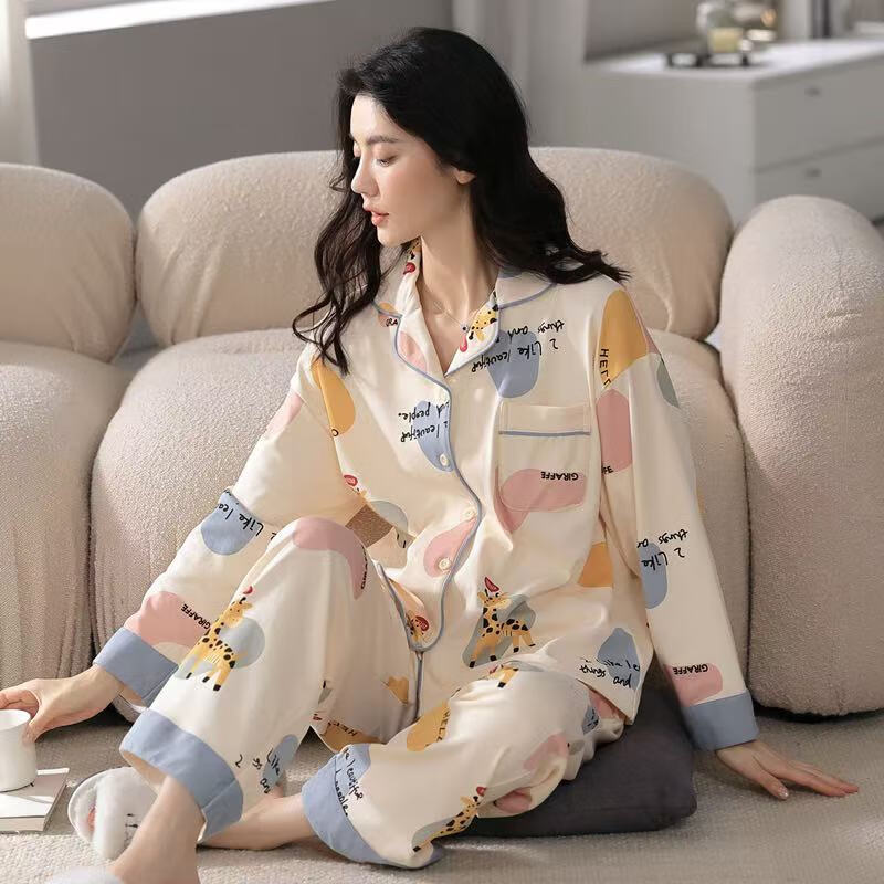 chunnian纯棉睡衣女士春秋长袖新款宽松翻领夏季可外穿全棉家居服两件套装 LMS-QZ9211 M