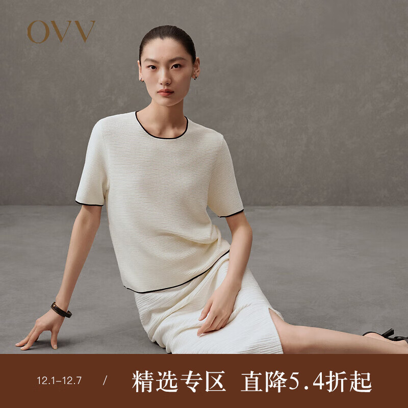 OVV2024春夏新款女装基础圆领优雅撞色镶边短袖针织衫 米白(净色)15 M
