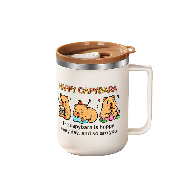 日用不锈钢马克杯大容量生活日用家用喝水带盖家用日用杂货大容量 人气小卡皮马克杯 送配套【吸管+勺子】