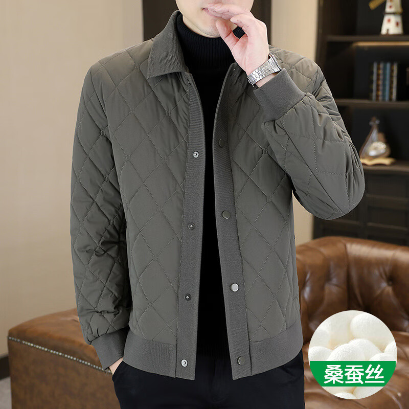 劲霸羽绒服新款桑蚕丝棉衣男士冬季轻薄棉服外套休闲加厚翻领棉袄上衣 灰色 XL 120-135斤
