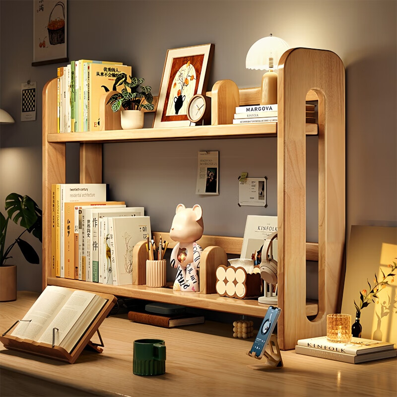 馨婺家实木桌面书架学生书桌上置物架家用台面立式小书柜书桌多层收纳架 原木色-长60cm【松木】