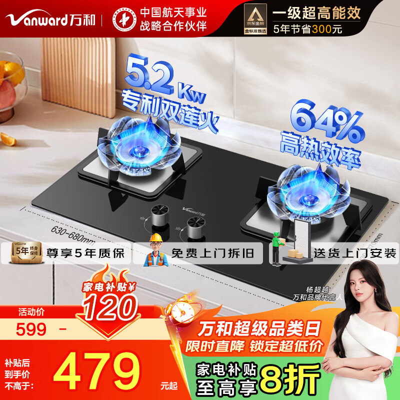 万和（Vanward）【蓝莲花B9·5.2kW】燃气灶具64%热效率猛火灶台嵌两用双灶家用煤气灶B9L50天然气/液化气 天然气 5.2kW蓝莲花B9猛火灶