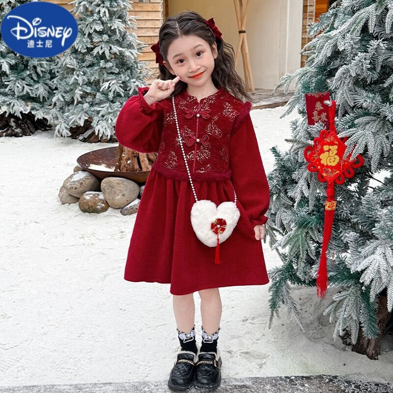 迪士尼女童秋冬裝連衣裙2025新款洋氣兒童拜年服女寶寶中國(guó)風(fēng)加絨公主裙 紅色 送包包 90