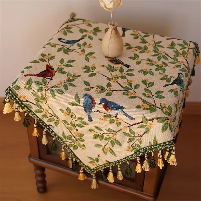 鹿婕法式复古风枝头鹦鹉桌布棉麻高级拍照氛围感床头柜保护垫防尘垫 枝头鹦鹉 四周绿色坠子【请勿机洗】 120*120cm