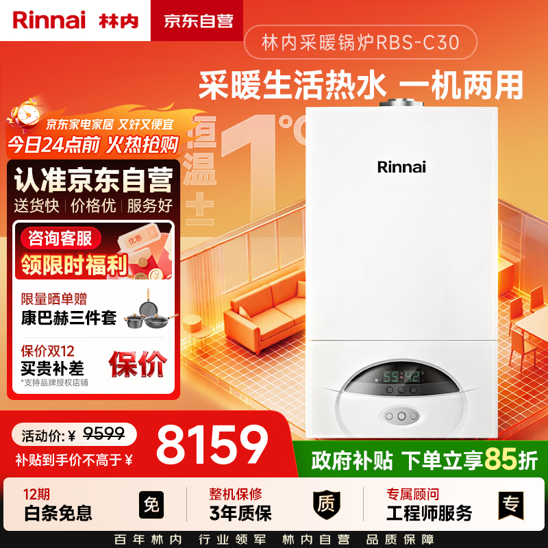 林内（Rinnai）燃气壁挂炉【国家补贴15%】采暖热水两用APP智控恒温 天然气地暖生活水两用采暖锅炉RBS-28C30(L)