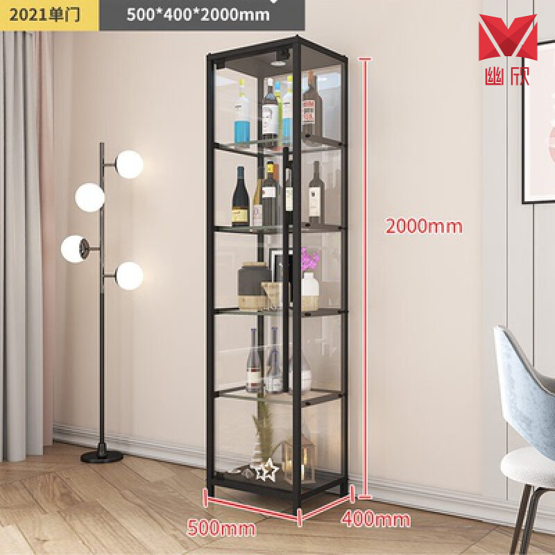 现代简约落地钢化玻璃酒柜小型轻奢收藏柜透明展示柜 2021单门黑色