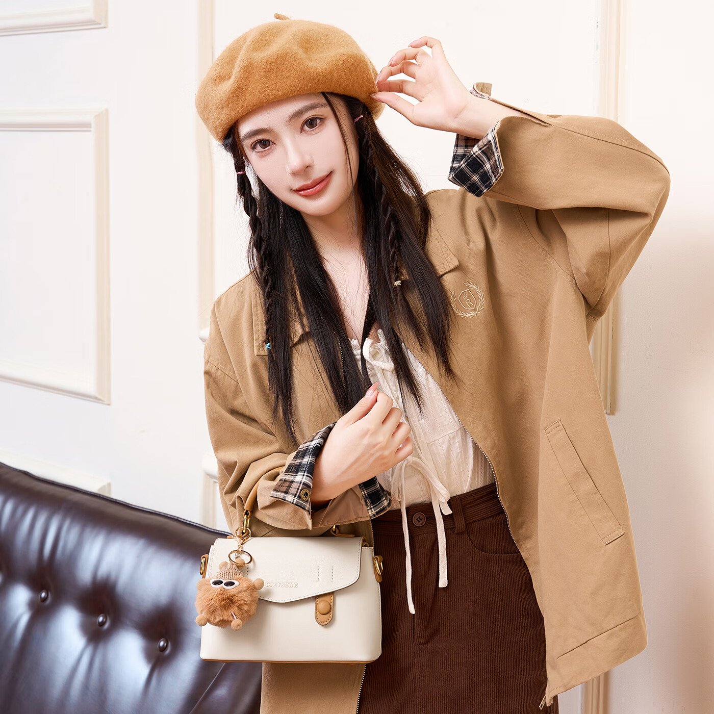 纪诗哲包包女包2026新款奢侈女士单肩斜挎手提包情人节生日礼物送女友 米棕色【配小煤球公仔】 小包