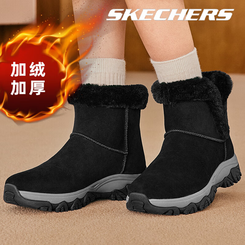 斯凯奇（Skechers）女鞋冬季2025新款高帮冬靴加绒保暖二棉鞋黑色休闲鞋 增高雪地靴  黑色-BLK 36
