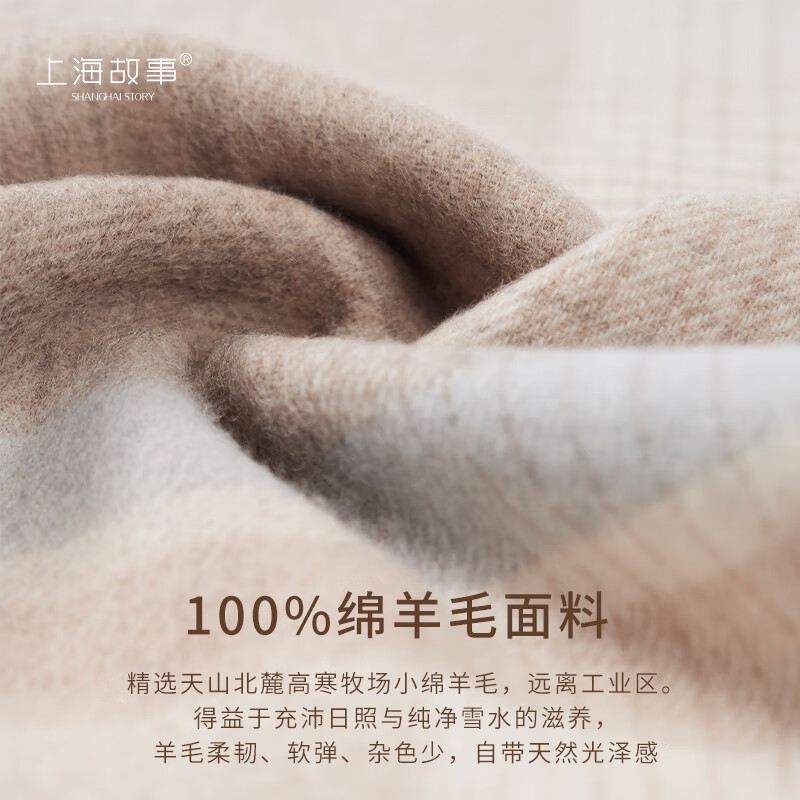 上海故事羊毛格子围巾秋冬新款生日礼物时尚保暖围脖中秋节礼物高档礼盒 格调美学-粉白格 180*30cm(含须)
