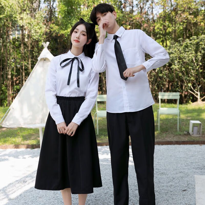 坐悠班服套装学院风高中学生大合唱演出服诗歌朗诵装韩版制服衬衫男 女白长袖+黑长裤+黑丝带 2XL