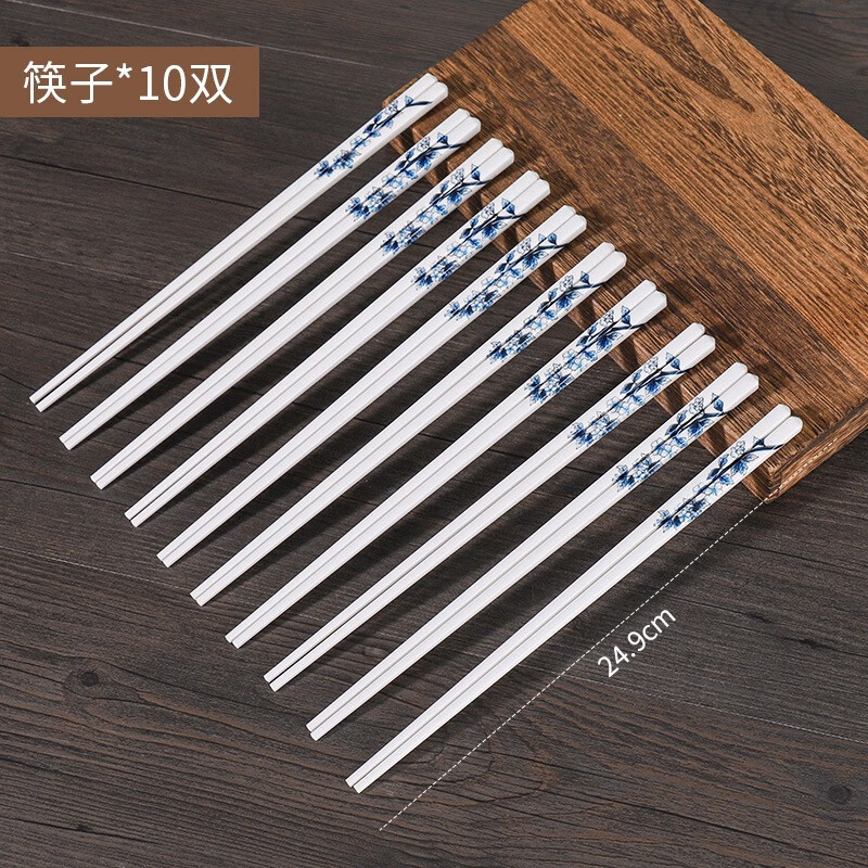 DOUTENG青花瓷筷子酒店餐厅家用陶瓷筷子耐高温防霉易清洗不掉色筷子 青花百鸟陶瓷筷子 10双