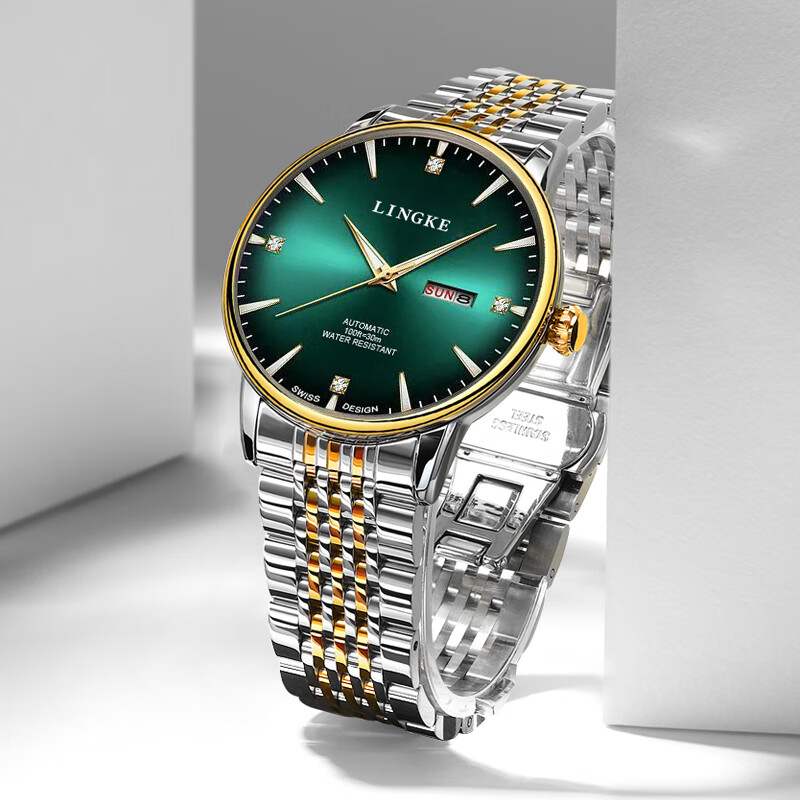 凌刻瑞士品质名匠系列防水手表男款男士全自动机械表风格爸爸父亲礼物 LK8853间金绿色（赠皮表带+15年质保+运费险 ） 42mm