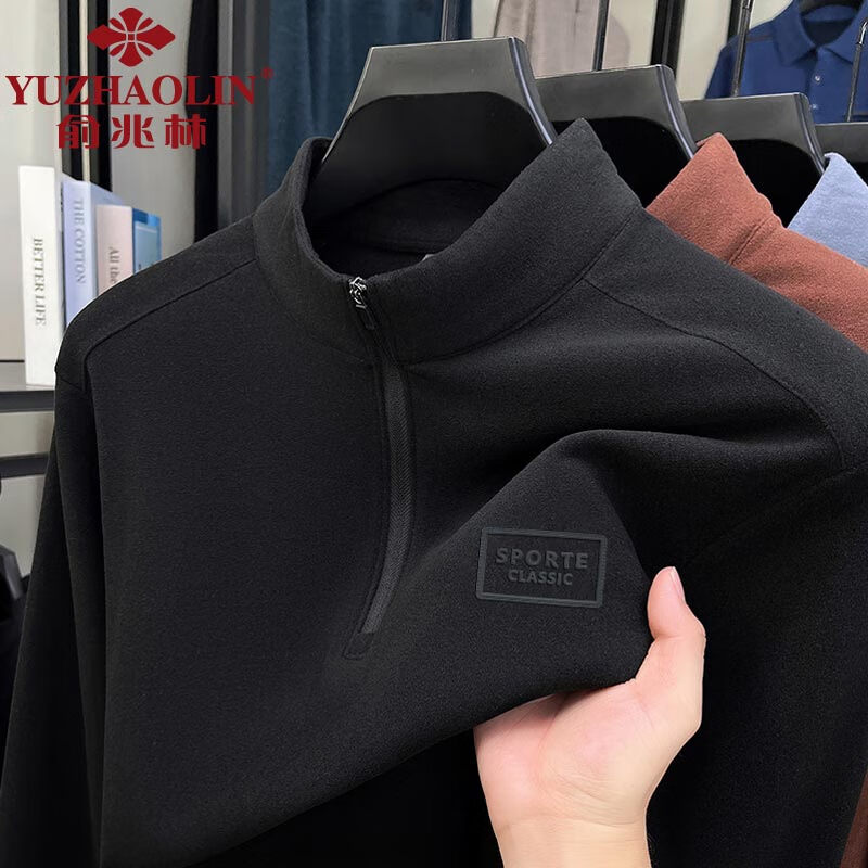 俞兆林（YUZHAOLIN）男士奥粒绒长袖冬季保暖半拉链打底衫德绒中青年半高领体恤衫潮流 黑色 L （建议120到140斤穿）