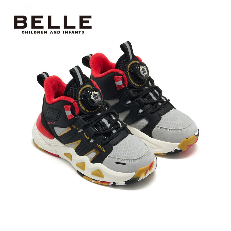 百丽（Belle）童鞋男童棉靴冬季儿童女童运动鞋加绒旋钮户外休闲软底防滑保暖鞋 BL5528黑色 28
