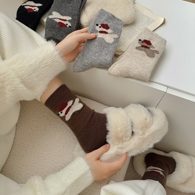 毛绒小狗袜中筒袜 五双装