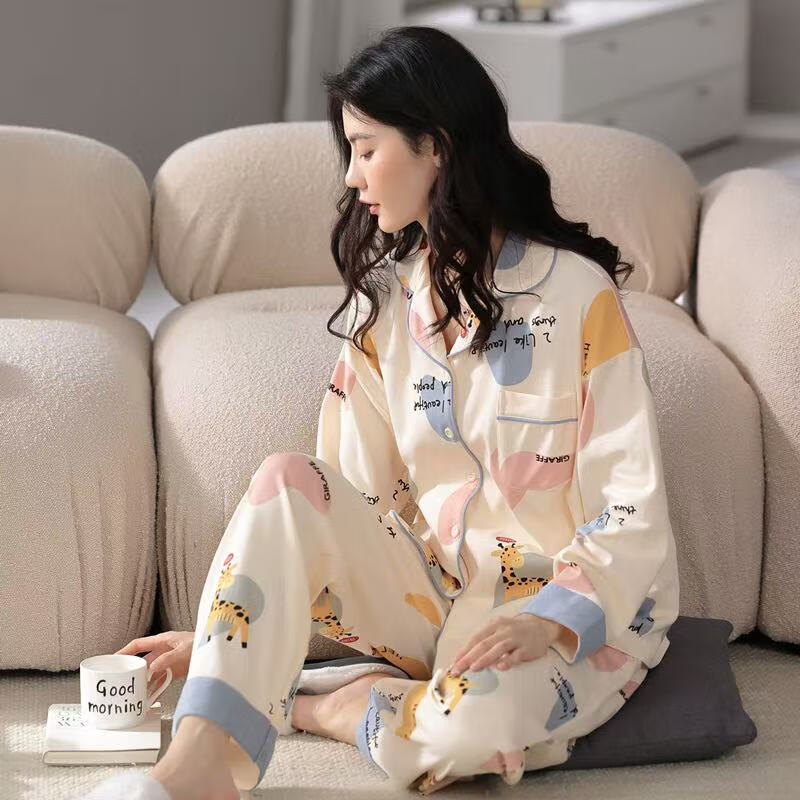 chunnian纯棉睡衣女士春秋长袖新款宽松翻领夏季可外穿全棉家居服两件套装 LMS-QZ9211 M