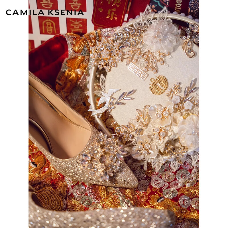 CAMILA KSENIA高跟鞋女士2026年新款夏季休闲百搭婚鞋香槟色秀禾婚纱两穿新娘鞋 香槟色-细跟6.5厘米 37