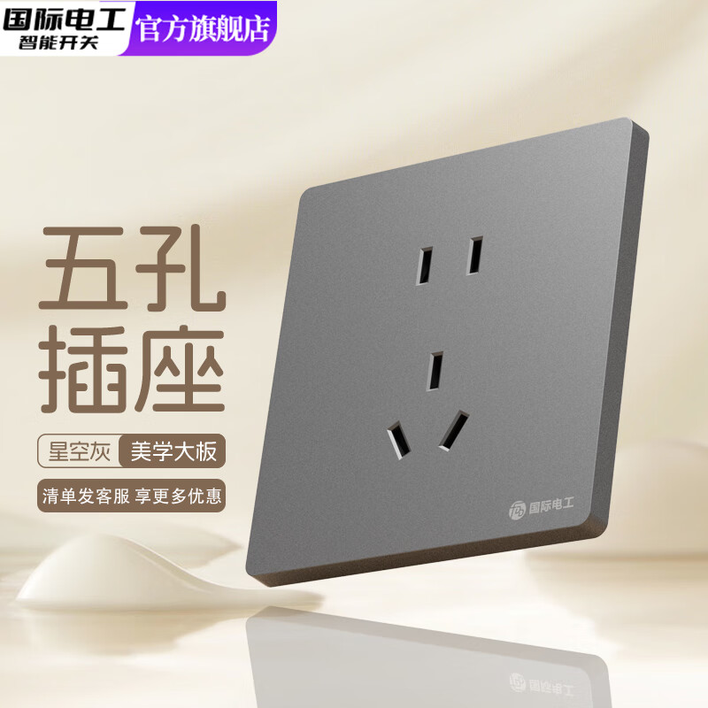 国际电工86型暗装墙壁开关插座面板家用五孔插座面板一开五孔双控电脑插座 五孔 插座 星空灰
