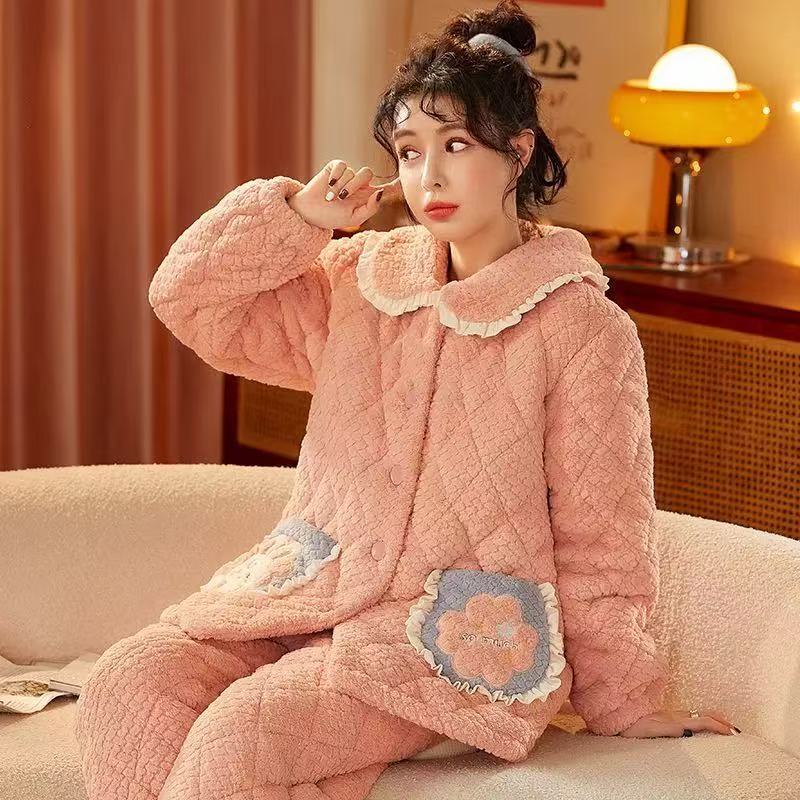 chunnian睡衣女秋冬加绒加厚珊瑚绒三层夹棉袄法兰绒女士保暖家居服套装 XEQN-62695 L