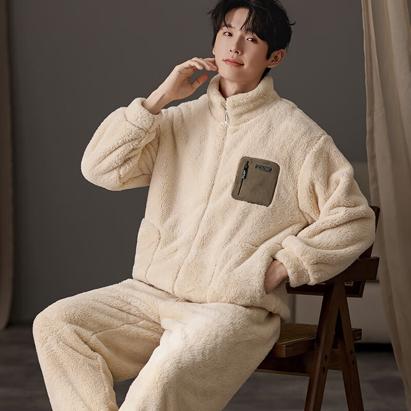 猫人【立领拉链可外穿】男士睡衣男冬季情侣睡衣羊羔绒家居服2025新品 米杏色 女款 M 【建议体重80-100斤】