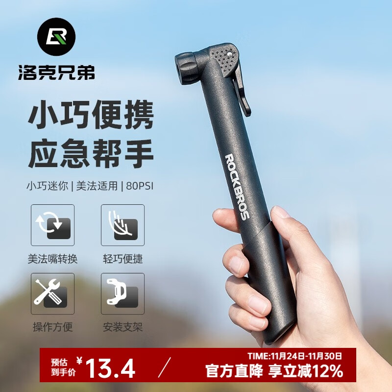洛克兄弟自行车打气筒便携迷你美法嘴山地车玩具篮球家用充气泵装备 小巧便携款 带支架 美/法嘴 80psi