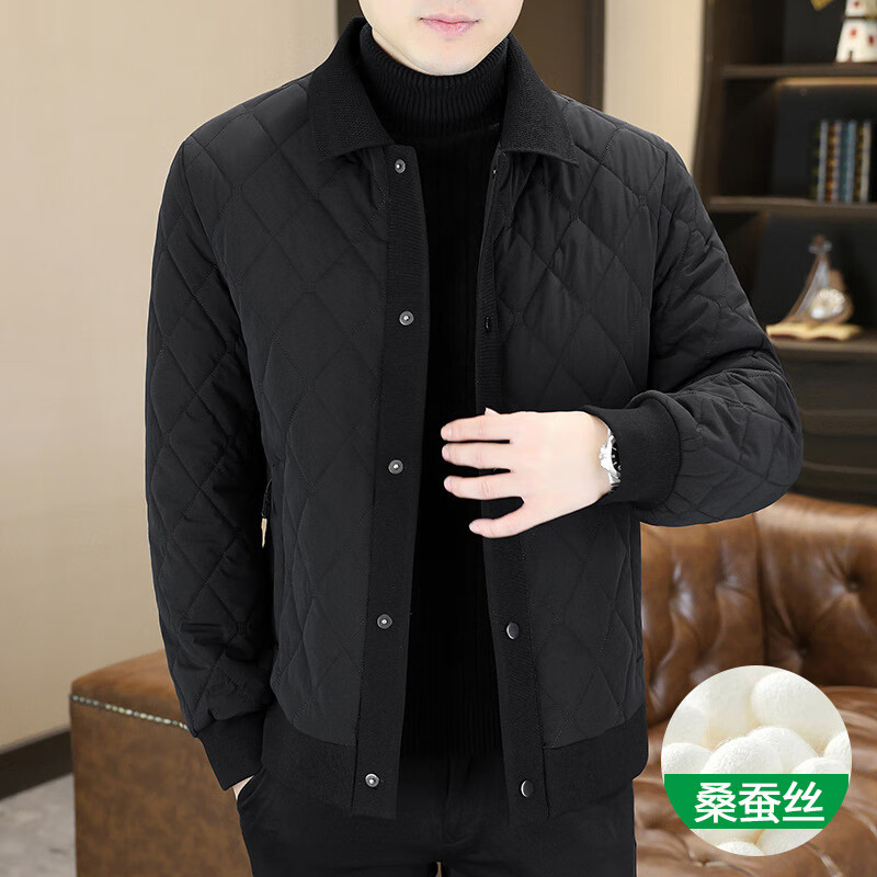 劲霸羽绒服新款桑蚕丝棉衣男士冬季轻薄棉服外套休闲加厚翻领棉袄上衣 灰色 XL 120-135斤