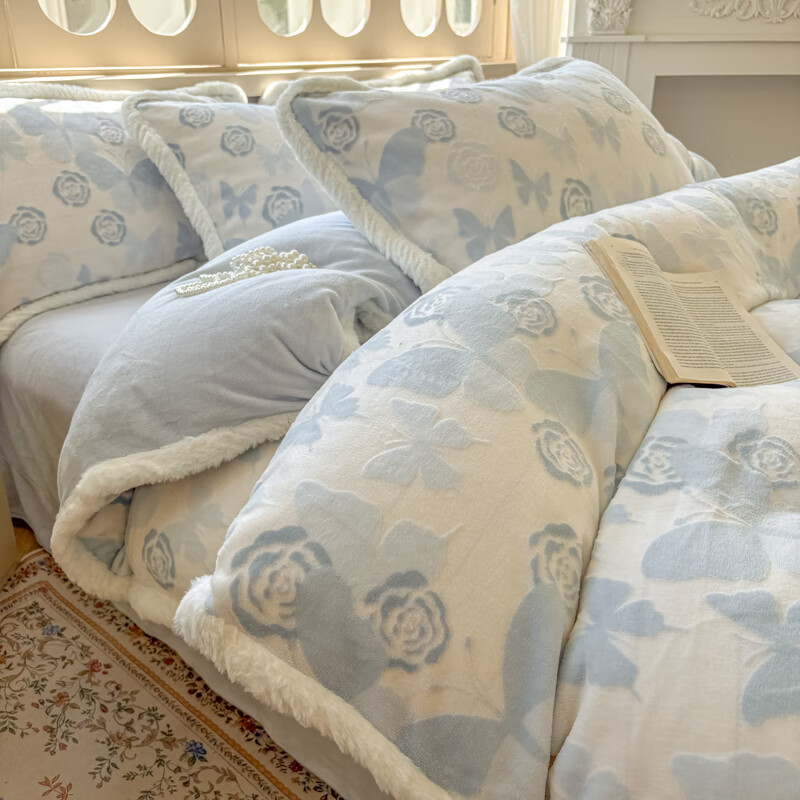 巴雷特 A类加厚拉绒雕花牛奶绒冬季保暖四件套 床笠水晶绒加密型绒套件 蝶影玫瑰-蓝c 床单款 1.5米床(被套200*230cm)