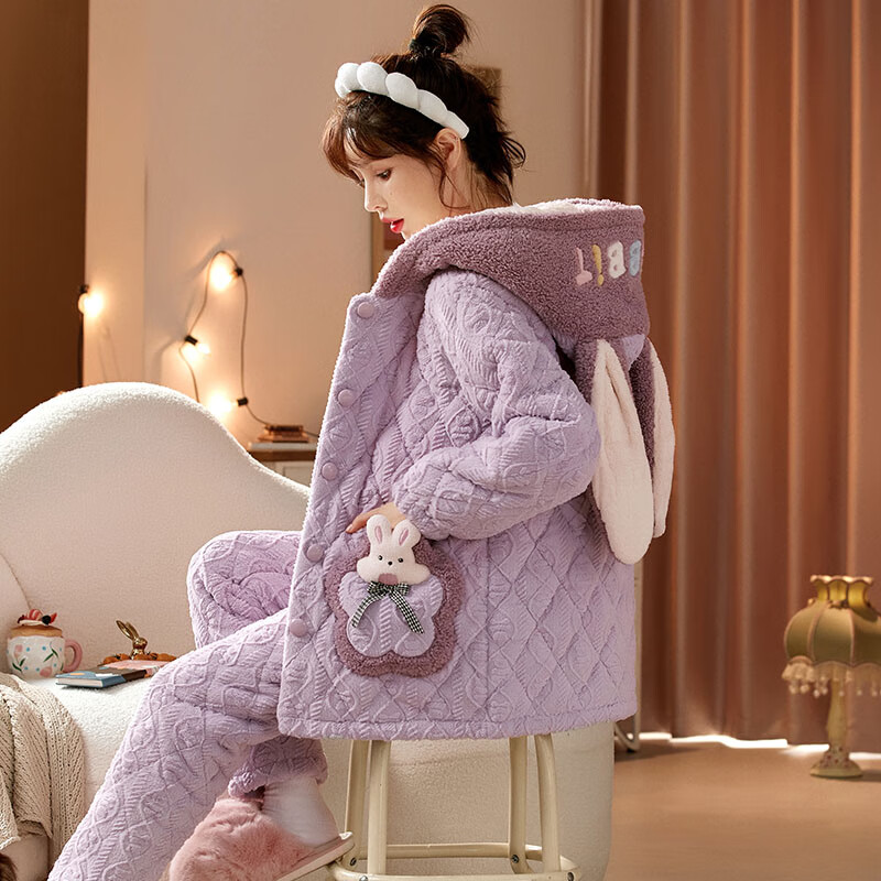 chunnian女士睡衣女冬季保暖珊瑚绒加厚加绒三层夹棉法兰绒带帽家居服套装 XEQN-2374【外套+裤子】 L