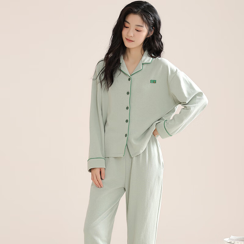 都市丽人睡衣女纯棉家居服全棉2025年新款翻领长袖舒适纯棉睡衣可外穿 秋冬季2025年新款睡衣-薄荷绿 M （推荐90-100斤）
