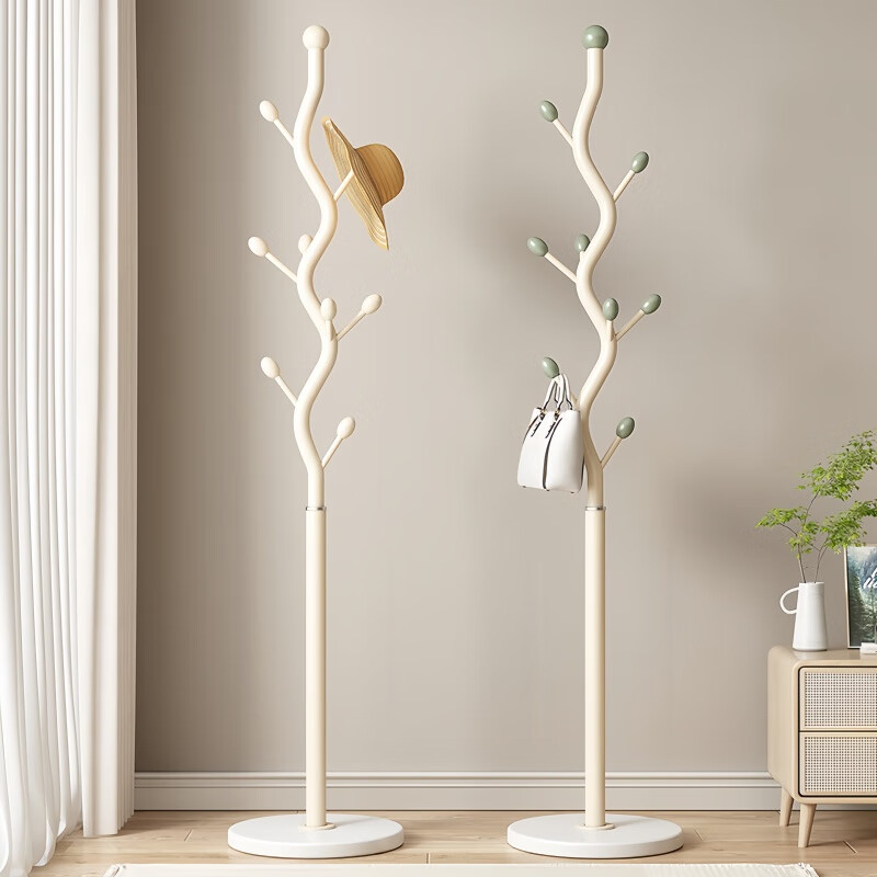 馨婺家挂衣架落地卧室家用衣服挂架奶油风进门室内立式挂衣架床边衣帽架 白色支架+绿枣挂钩【圆形底座】